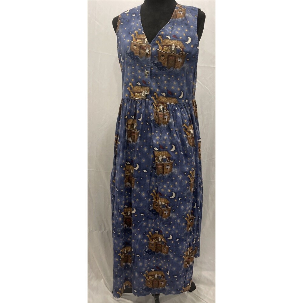 Vintage 90's Noah’s Ark Novelty Print Dress V-Neck Button FrontBlue Starry Celes